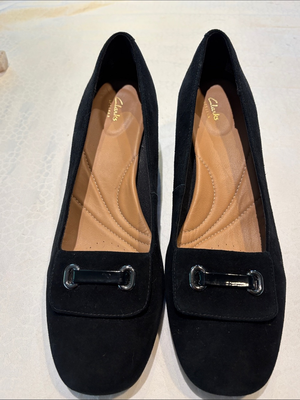 Clarks Black Suede Women's Loafers with Silver Bit Detail